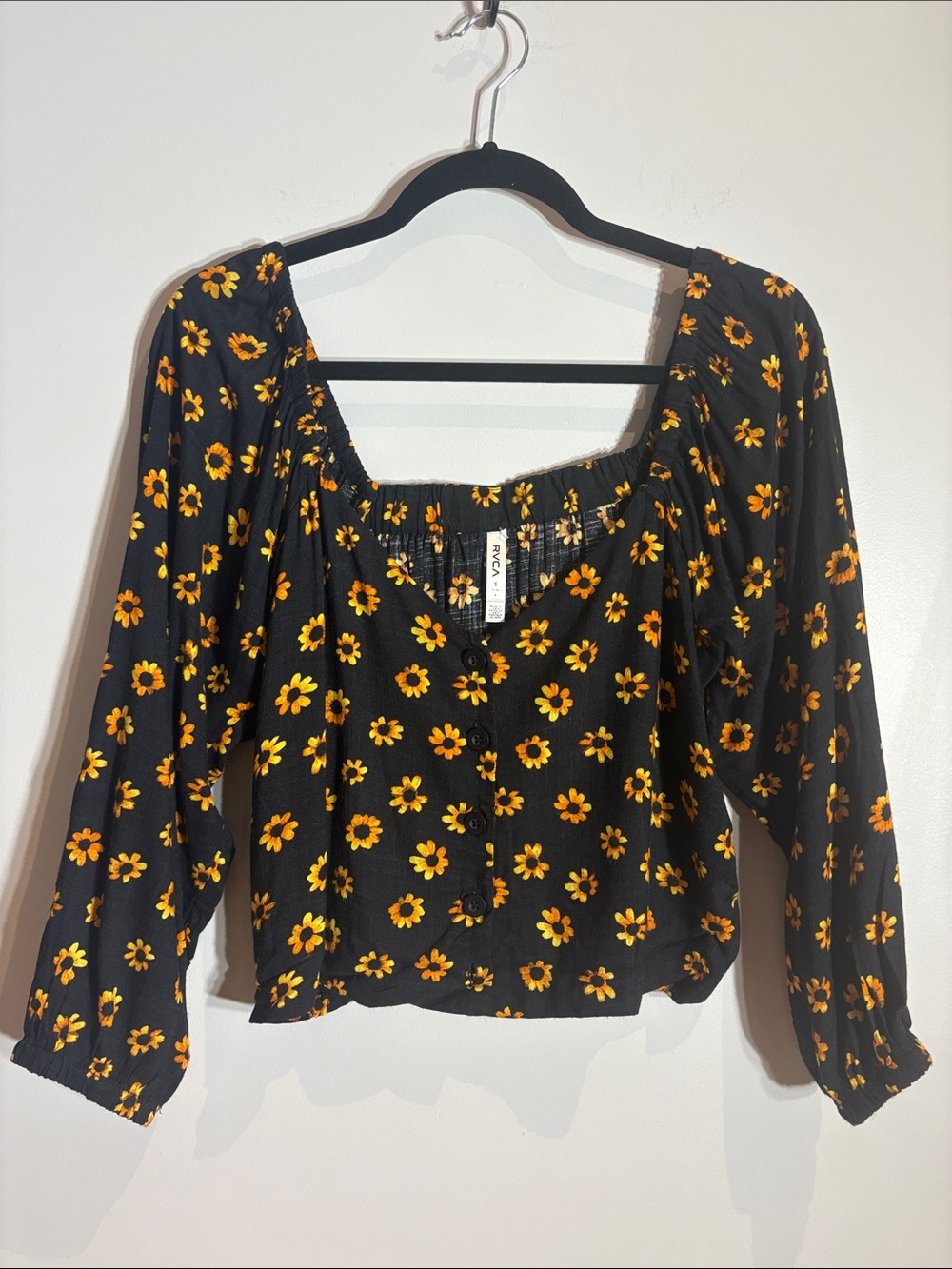 RVCA Black Blouse with Yellow Floral Print